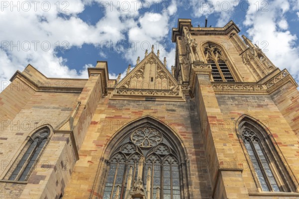 Facade of the Saint-Martin collegiate church in the city center. Colmar, Haut-Rhin, Collectivite europeenne d'Alsace, Grand Est, France
