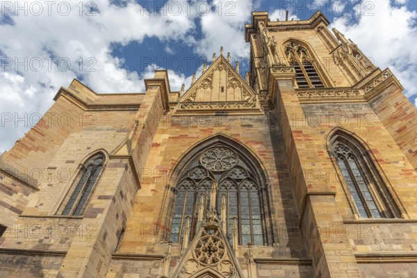 Facade of the Saint-Martin collegiate church in the city center. Colmar, Haut-Rhin, Collectivite europeenne d'Alsace, Grand Est, France