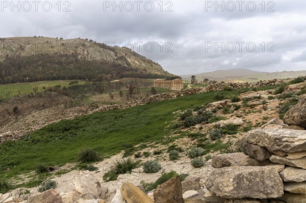 Calatafimi-Segesta, Italy, 4 January, 2024: landscape of Segesta with the ancient Greek temple under an overcast sky