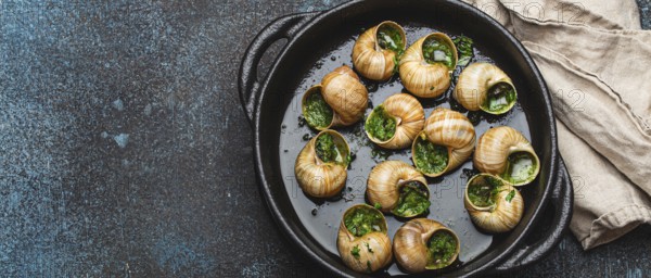 Escargots de Bourgogne Snails with Garlic Butter and Parsley in black cast iron pan on rustic stone background top view, traditional French Delicacy, space for text, food photography, food photography