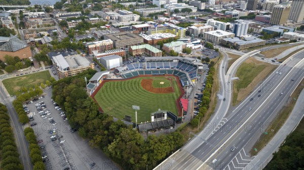 An aerial view of AT&T Field, home of the Chattanooga Lookouts, shows the modern ballpark with a 6, 340-seat capacity. The Double-A minor league team is affiliated with the Cincinnati Reds, Chattanooga, United States of America