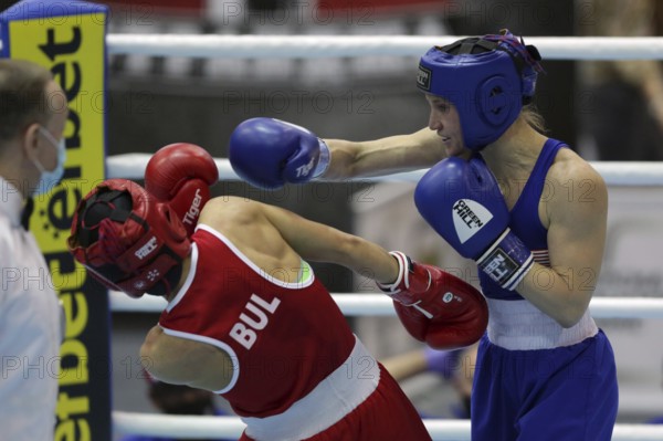 Sofia, Bulgaria - 26 February, 2021: Stoyka Krasteva (RED) of Bulgaria and Virginia Fuchs of USA fight in their semifinal round of Fly (W51kg) category of the 72-nd International Boxing Tournament Strandja 2021, Sofia, Bulgaria