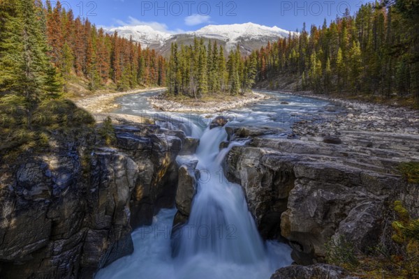 Beautiful autumn landscape scene in mountain in background in Jasper National Park west Canada