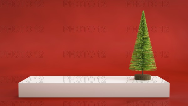 Christmas display background with a toy fir tree, 3D illustration