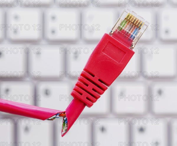 Defective network cable on keyboard, symbolic photo for online, networks, interference and espionage Austria
