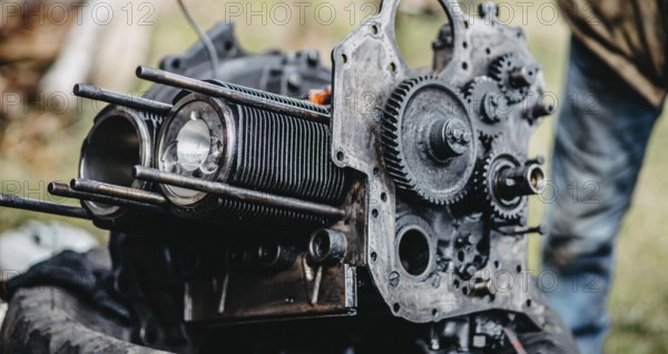Detailed view of a disassembled engine with visible gears and components