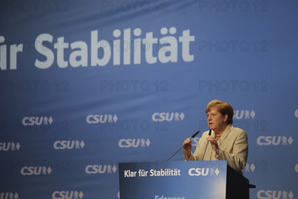 Former Chancellor Angela Merkel speaking at a CSU rally during a General Election campaign. Erlangen, Germany