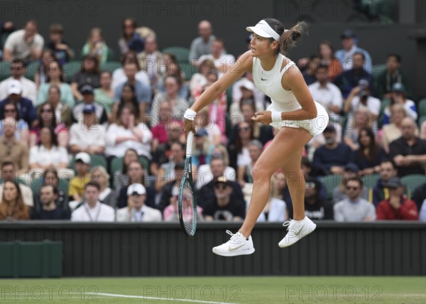 British tennis player Emma Raducanu in action at the 2024 Wimbledon Championships, London, England, United Kingdom