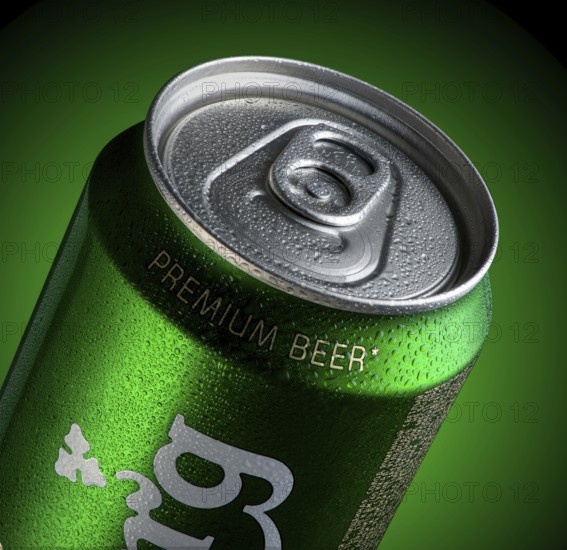 Almaty, Kazakhstan - October 11, 2019: can of beer Carlsberg with drops of water in a green background with illumination. Advertising a brand of beer