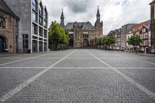 View of the town hall from Katschhof, with the 8th century Granus Tower on the right - Aachen, North Rhine-Westphalia, Germany