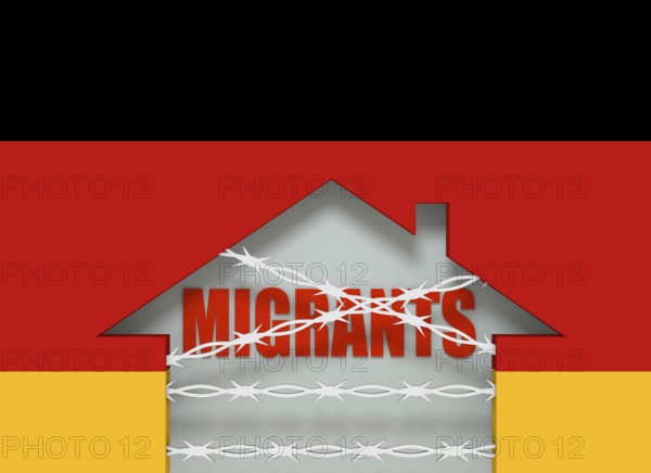 Image relative to migration to European Union. Barbed wire closed home icon textured by Germany flag. 3D rendering