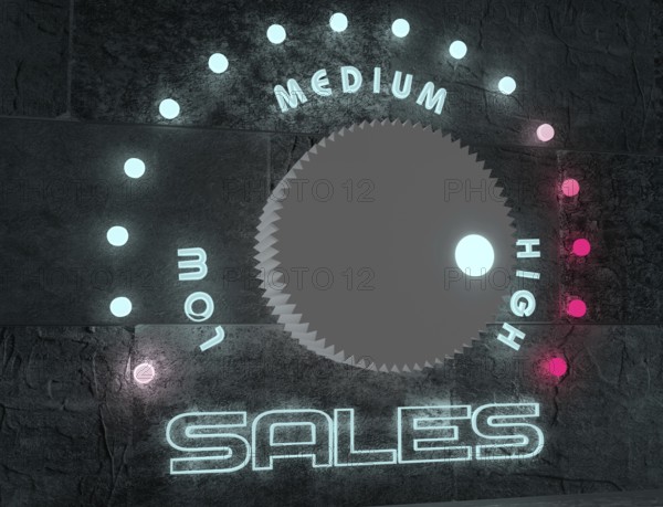 Balance adjust between low and high sale. regulator with neon shine scale. 3D rendering
