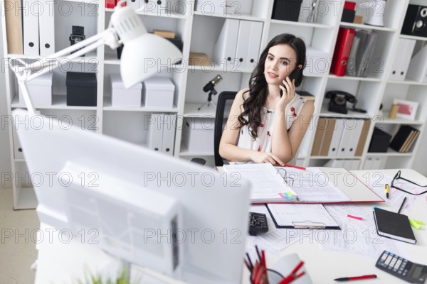 Charming young brunette girl with glasses working in the office. photo with depth of field