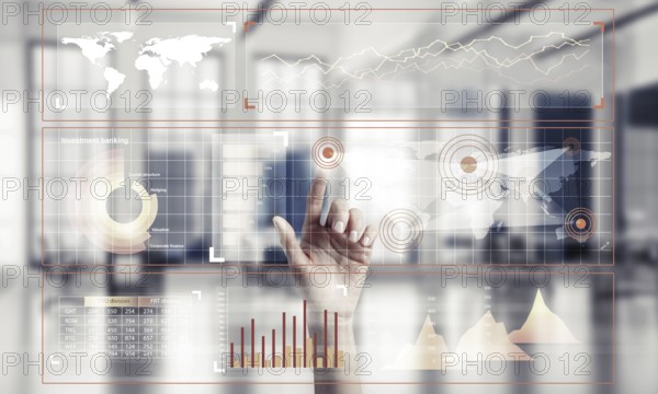Hand of woman working with media interface on screen and office interior at background