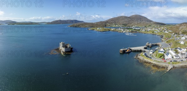 Kisimul Castle, castle ruins in the harbour area, drone shot, Castlebay, Isle of Barra, Hebrides, Scotland, Great Britain