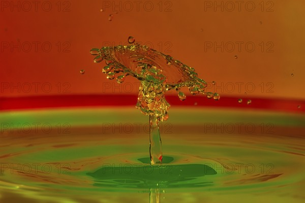 Close-up of a coloured water splash with green and orange that looks like a plastic sculpture, Highspeed Photography, Grenzach- Wyhlen, Baden- Württemberg, Germany