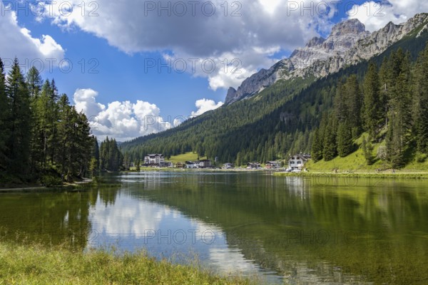 LAKE MISURINA, VENETO/ITALY, AUGUST 9 : View of Lake Misurina near Auronzo di Cadore, Veneto, Italy on August 9, 2020. Unidentified people