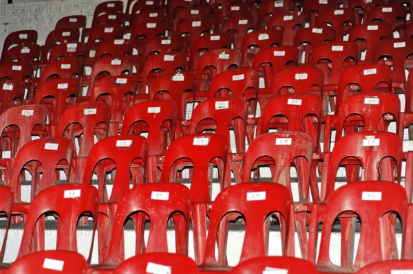 The Cave of St Michael, Gibraltar, British Overseas Territory, close-up of red chairs in neat rows, Algeciras, Spain's south coast