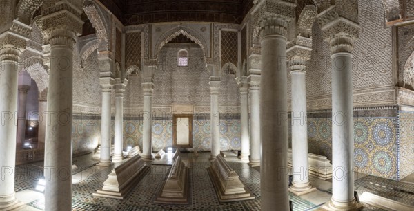 MARRAKECH, MOROCCO, APRIL 19, 2023, Oriental decoration of the famous Saadian tombs in the center of Marrakech, Morocco