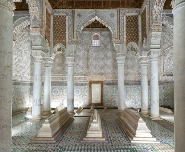 Marrakesh, Morocco, 23 March, 2024: interior view of the Chamber of the Twelve Columns in the Saadian Tombs in Marrakesh