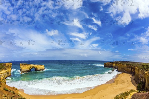 The Great Ocean Road of Australia. Azure ocean water of a small bay on the Pacific coast. The concept of exotic, active and photo-tourism