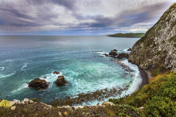 New Zealand. The picturesque coast of the Pacific Ocean near Nugget Points. Sunset sky portends a storm. Big stones along the shore. The concept of active, environmental and photo tourism