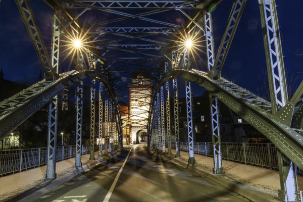 Waasenbrücke, behind the Schwammerlturm, blue hour, Leoben, Styria, Austria