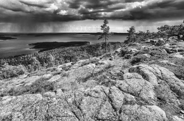 Rain showers over the Gulf of Bothnia, Skuleskogen National Park, Hoega Kusten World Heritage Site, Västernorrland, Sweden, July 2012