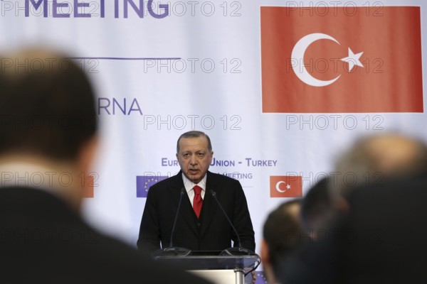 Varna, Bulgaria - March 26, 2018: Turkish President Tayyip Erdogan attends a news conference at Euxinograd residence