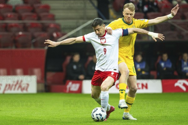 WARSAW, POLAND - MARCH 21, 2025: Qualifications for FIFA World Championship 2026. Match Poland - Lithuania 1:0. In action Robert Lewandowski