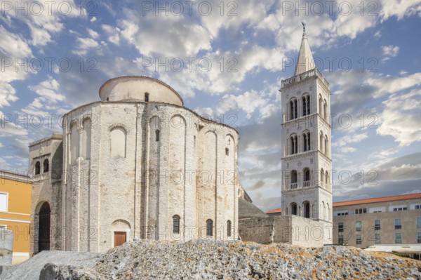 Roman Catholic Church of St. Donatus from Byzantine times in the historic centre of an old town on the Mediterranean. Old round church made of white stone, St Donatus of Zadar, Dalmatia, Croatia
