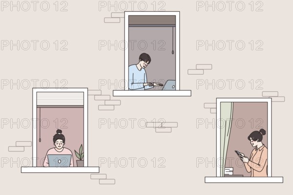 Diverse people freelancers in building windows work online on computer at smartphone from home. Men and women freelance busy with gadgets. Distant remote job or education. Vector illustration