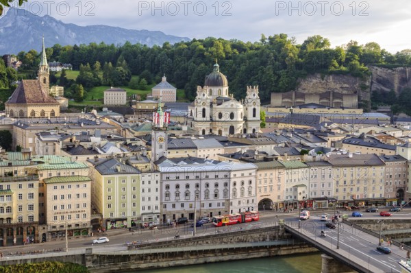 Staatsbrücke, Rudolfskai, Griesgasse, Collegiate Church (Kollegienkirche) and St Peter's Abbey (Stift Sankt Peter) photographed from the Capuchin Monastery (Kapuzinerkloster), Salzburg, Austria