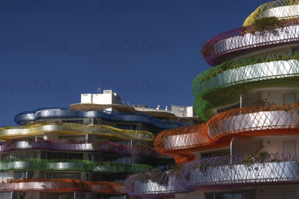 Ibiza, Spain, 1 February, 2024: view of the landmark modern architecture Miramar residence and apartments in downtown Eivissa