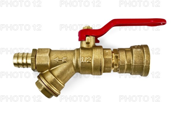 Water taps in the assembly with adapters made ??of brass with a red pen isolated on white background