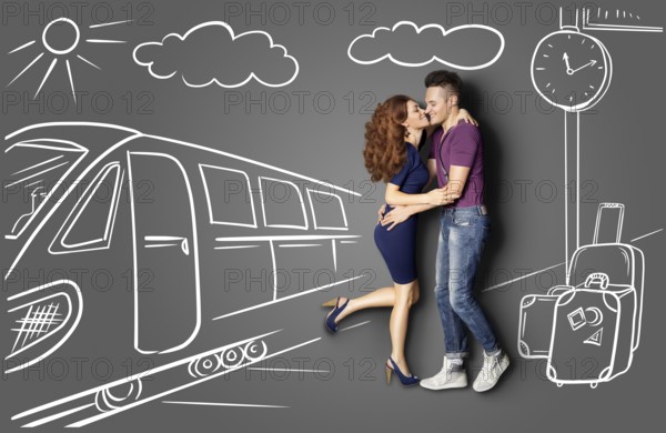 Happy Valentine's Day love story concept of a romantic couple against chalk drawings background of a railway station. Male meets his girlfriend at the station and kisses her under a street clock