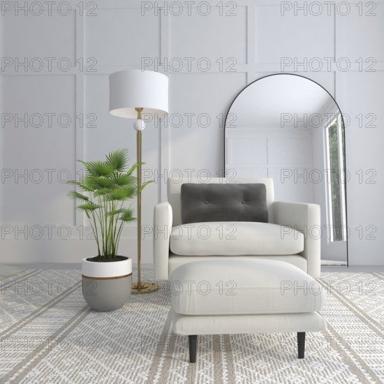 A cozy modern room with an armchair, floor lamp, potted plant, and mirror