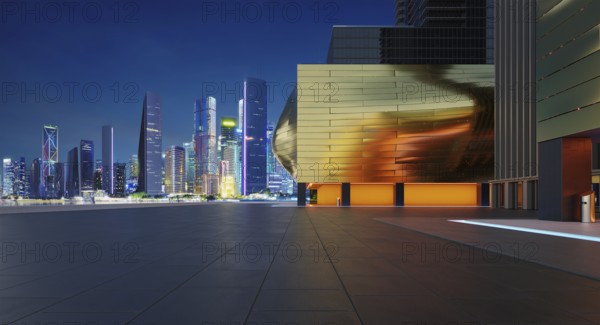 Perspective view of empty floor with modern building and beautiful nigh city background. 3d rendering