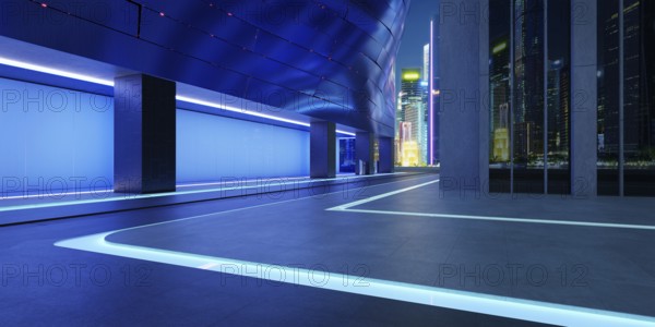 Empty floor with modern buildings with blue glass window. 3d rendering