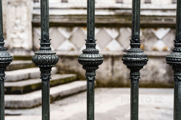 Antique wrought iron fence with decorative spherical inserts.