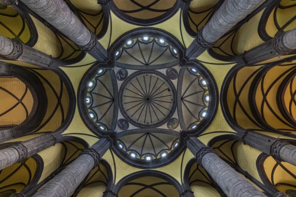 Majestic vaulted ceiling with columns in historical architecture, ceiling view, Sanctuary of the Madonna del Sangue, Re, Province of Verbano-Cusio-Ossola, Piedmont, Italy
