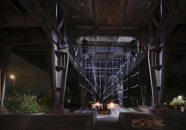 Germany, Berlin, 8 October 2024, Festival of Lights, Siemensbahn, Wernerwerk S-Bahn station, light and sound installation in shades of blue, KLING KLANG KLONG creative studio