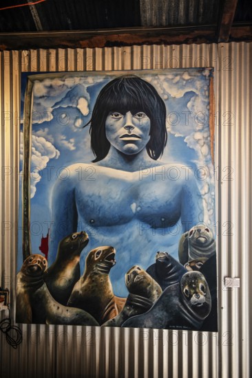 Mural depicting the cultural heritage of the Aonikenk and Kaweshar ethnic groups, Puerto Natales, Patagonia, Chile