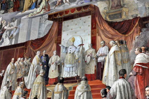 Vatican Museums, Vatican City, Vatican, Rome, Lazio, Italy, A pope in splendid attire stands in front of priests during a solemn ceremony, Rome, Lazio, Italy