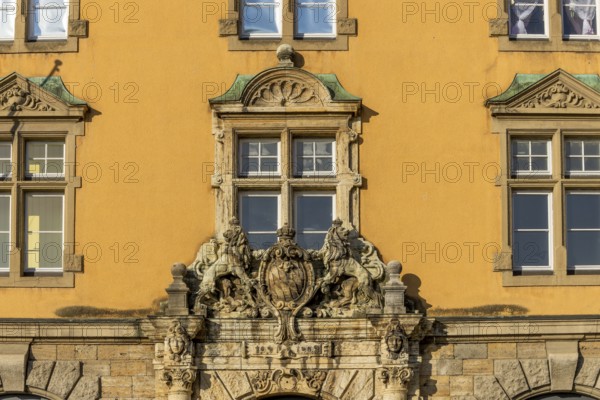 Detail of the yellow building of the art museum at the island railway station in Maximilianstraße, in the old town, Lindau on Lake Constance, Bavaria, Germany