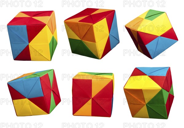 Paper made multi colored patterned cubes folded origami style