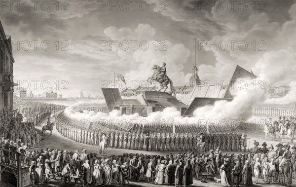 The opening of the Equestrian memorial to Peter the Great on the square of St. Petersburg, Russia, 1782