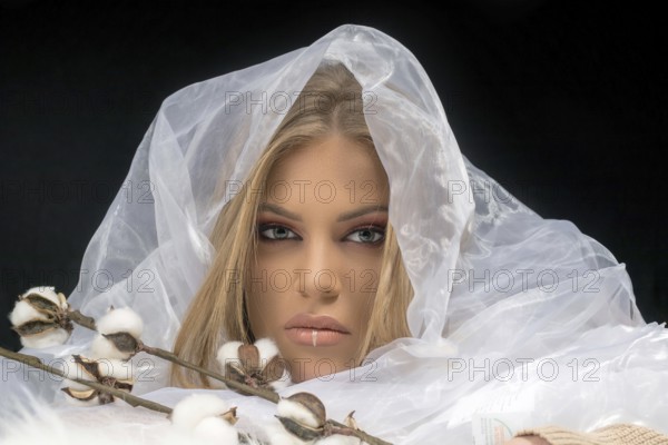 Blonde Make up Model Beauty Makeup, White Fabric Background