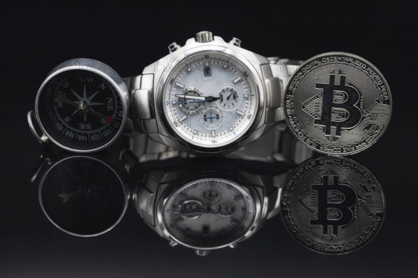 Solid men's wristwatch with a chronometer in a titanium case and a gift coin Bitcoin
