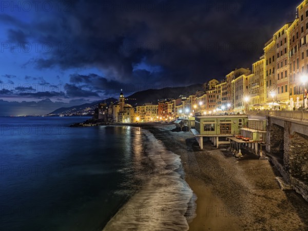 View of the seaside of Camogli with christmas lights